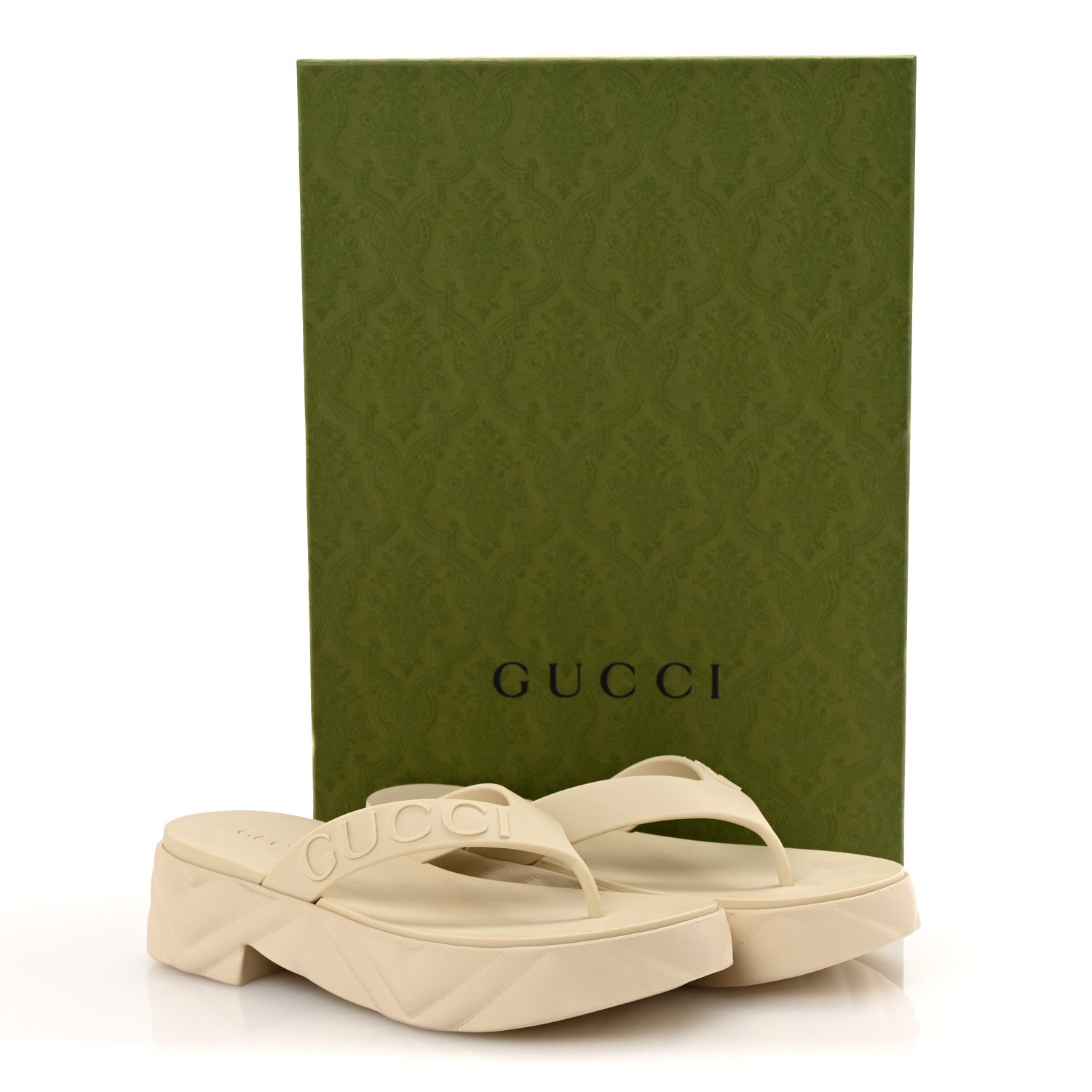 Gucci Rubber Chevron Logo Embossed Womens Thong Platform Sandals 39 Mystic White 10 of 10