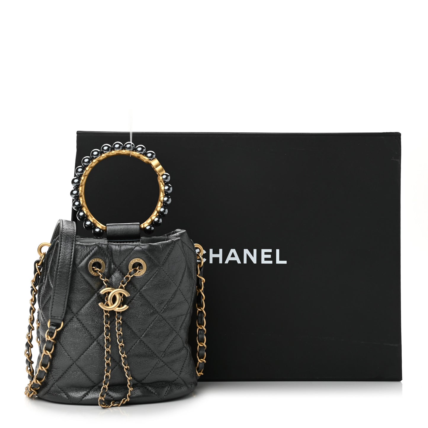 Metallic Lambskin Quilted Pearl Crown Drawstring Bag Anthracite