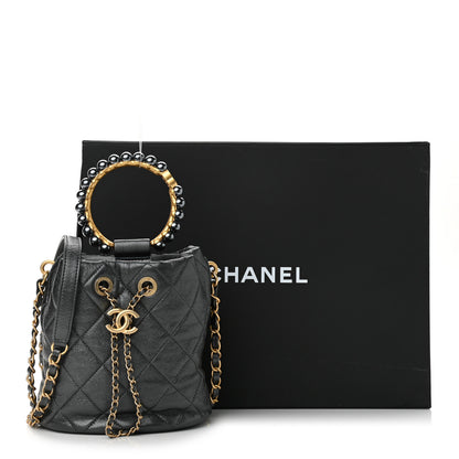 Chanel Metallic Lambskin Quilted Pearl Crown Drawstring Bag Anthracite 11 of 11