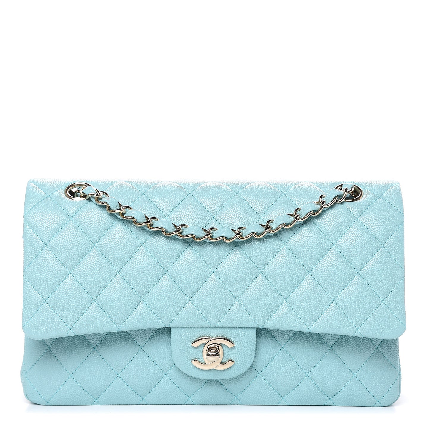 Caviar Quilted Medium Double Flap Light Blue