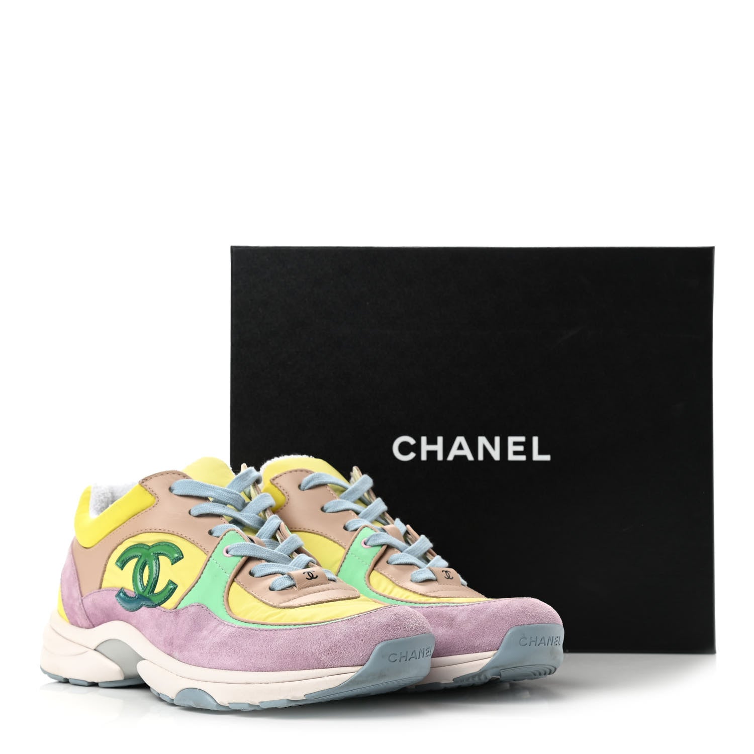 Chanel Nylon Lambskin Calfskin Suede CC Womens Sneakers 40 Pink Yellow Purple 10 of 10