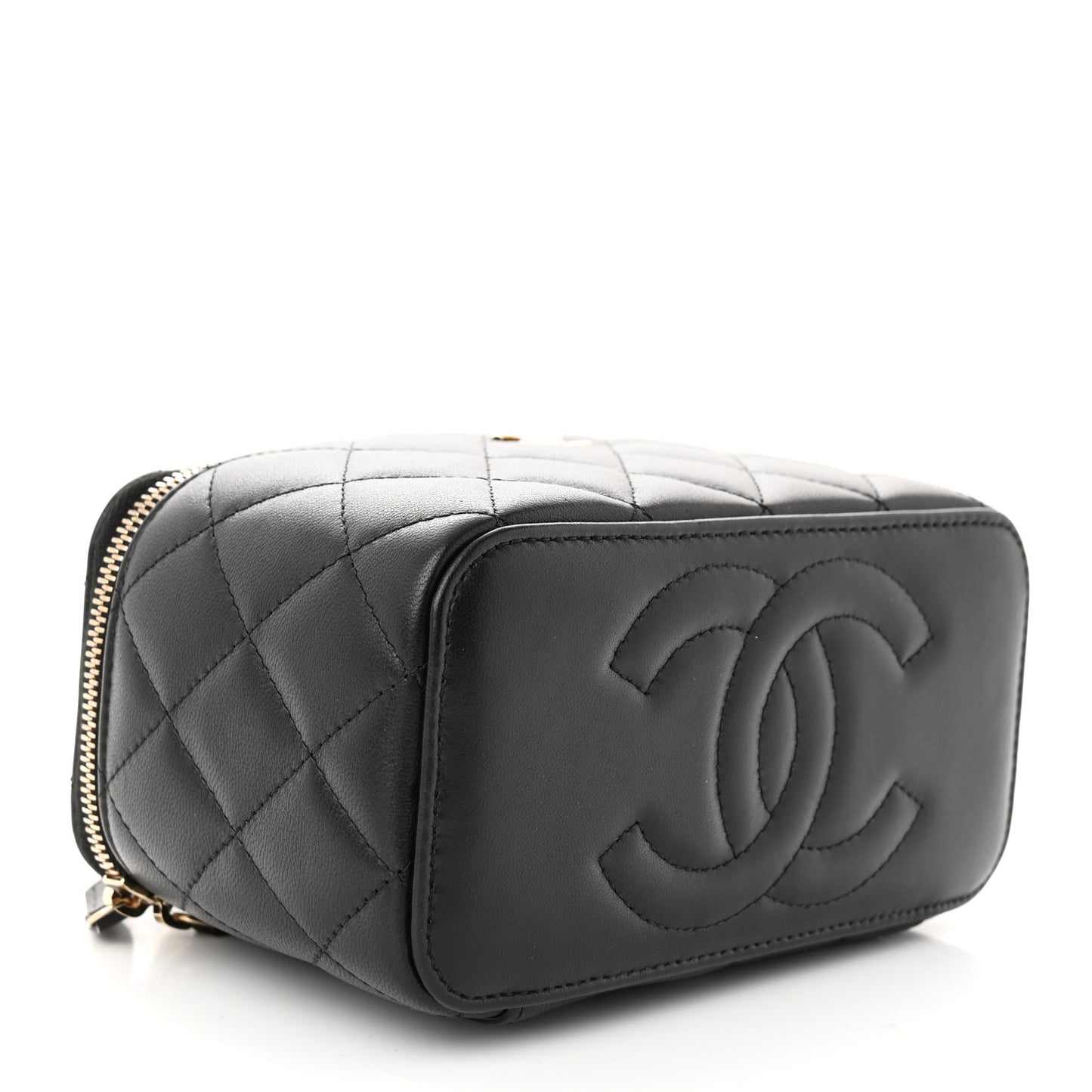 Lambskin Quilted Small Top Handle Vanity Case With Chain Black