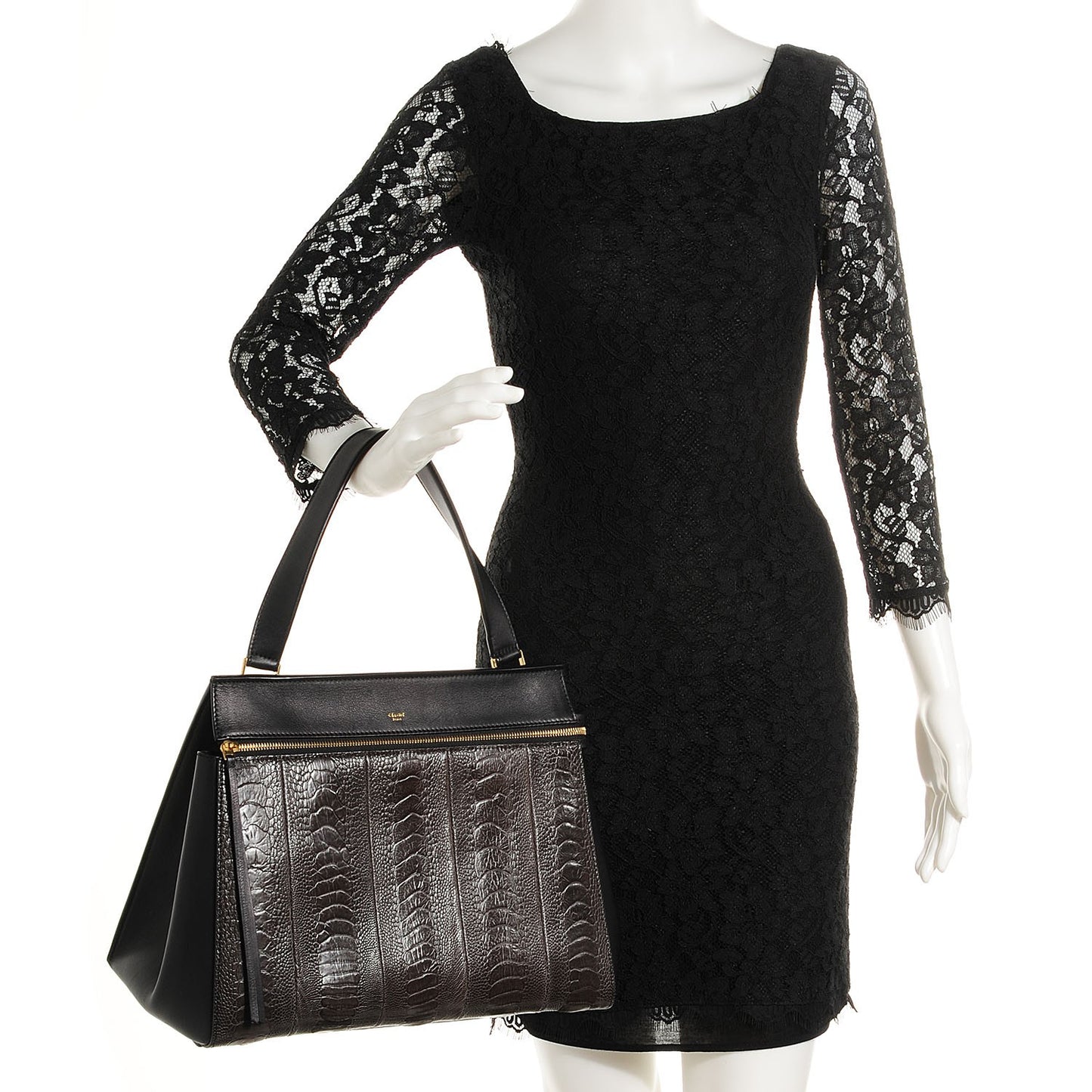 Smooth Calfskin Ostrich Leg Medium Edge Shoulder Bag Black