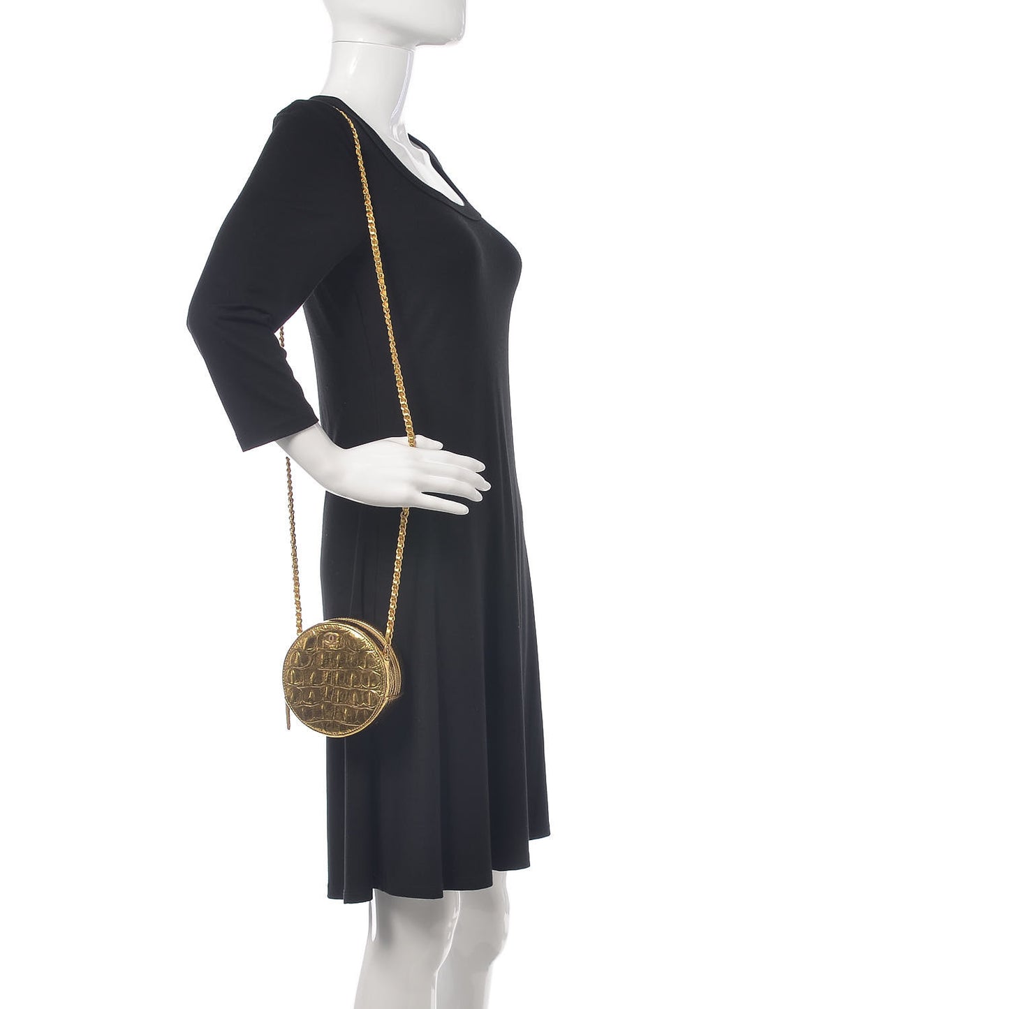 Metallic Calfskin Crocodile Embossed Cocodile Round Clutch with Chain Gold