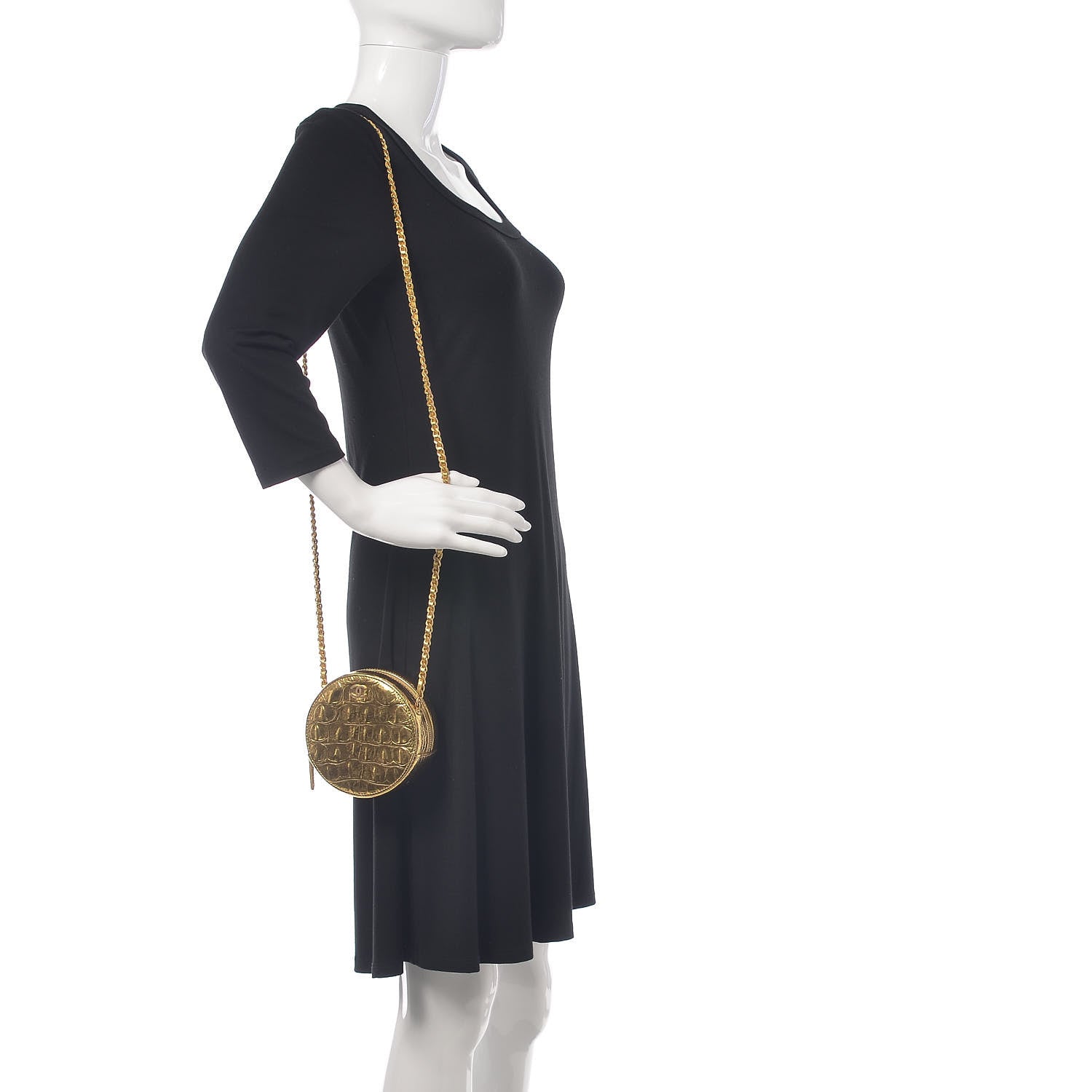 Chanel Metallic Calfskin Crocodile Embossed Cocodile Round Clutch with Chain Gold 2 of 9