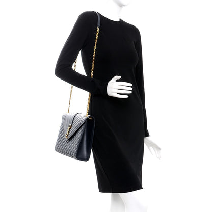 Saint Laurent Grain De Poudre Mixed Matelasse Large Triquilt Monogram Satchel Deep Marine 2 of 8