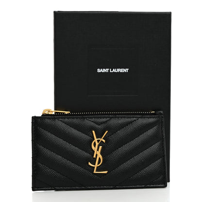 Saint Laurent Grain De Poudre Matelasse Chevron Monogram Fragments Zippered Card Case Black 8 of 8