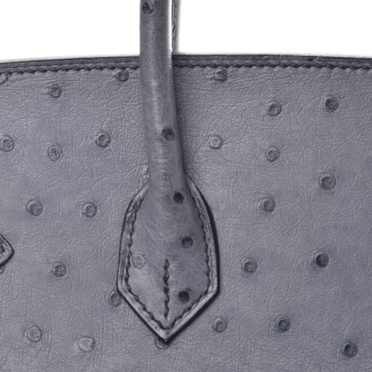 Hermes Ostrich Horseshoe Birkin 25 Gris Agate Bleu Marine 8 of 43