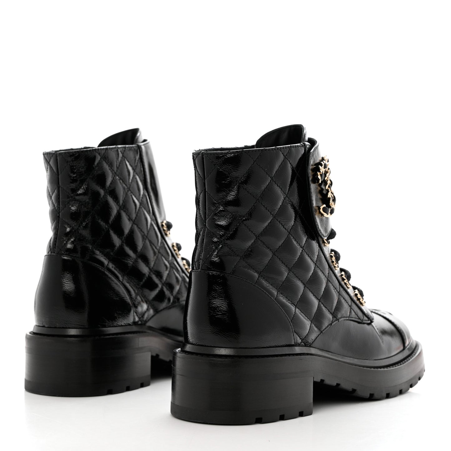 Shiny Calfskin Quilted Lace Up Combat Boots 36.5 Black