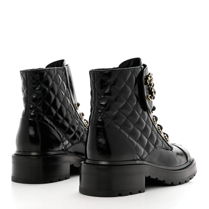 Chanel Shiny Calfskin Quilted Lace Up Combat Boots 36.5 Black 4 of 9