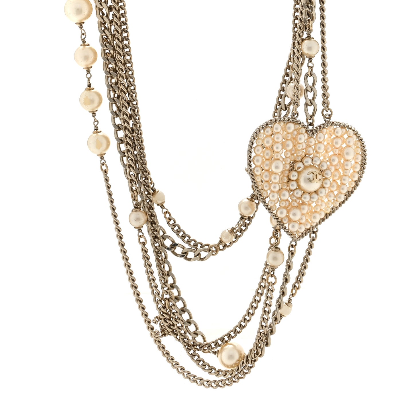 Pearl Crystal CC Heart Multi Strand Necklace Gold