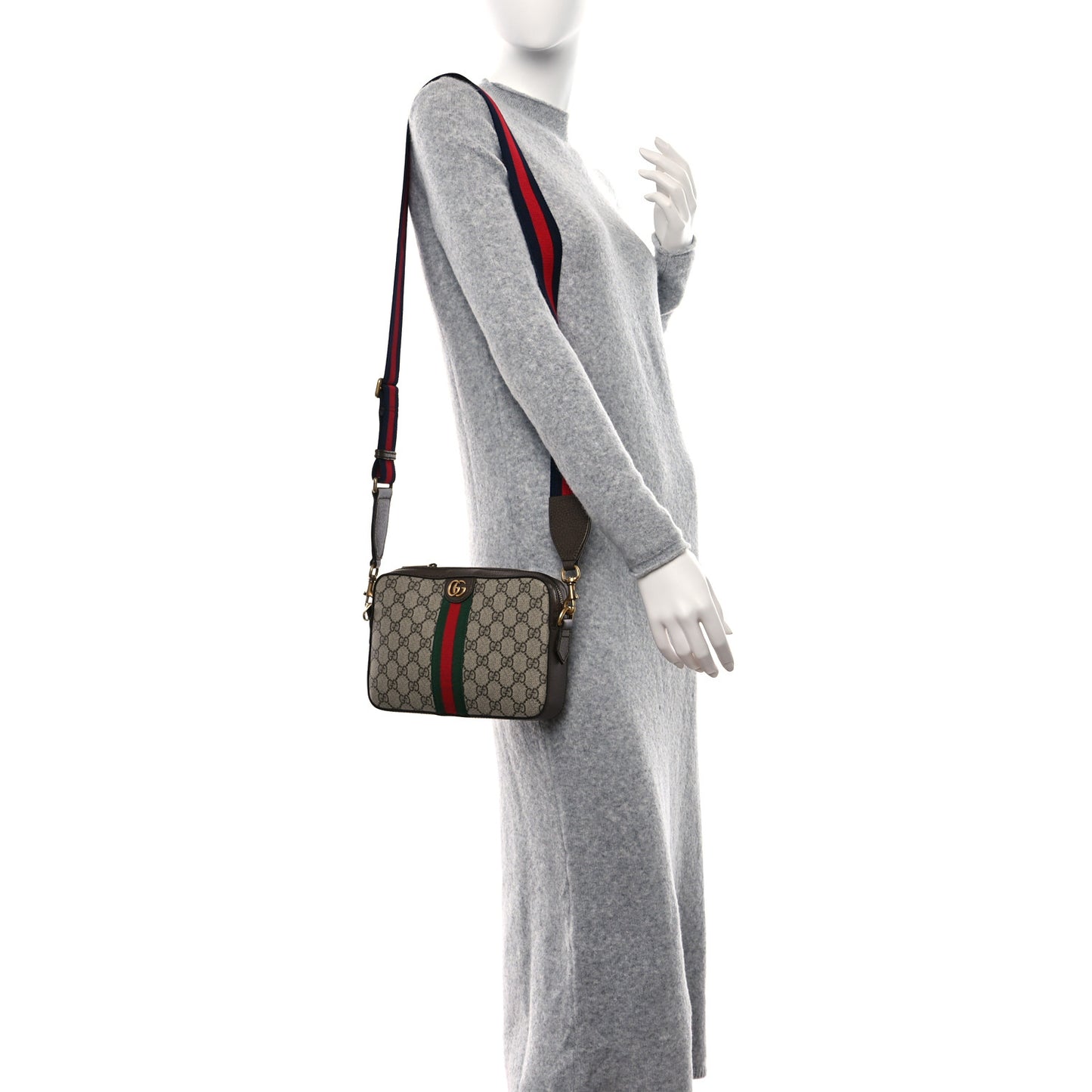 GG Supreme Monogram Textured Dollar Calfskin Web Ophidia Wristlet Shoulder Bag Beige Ebony New Acero