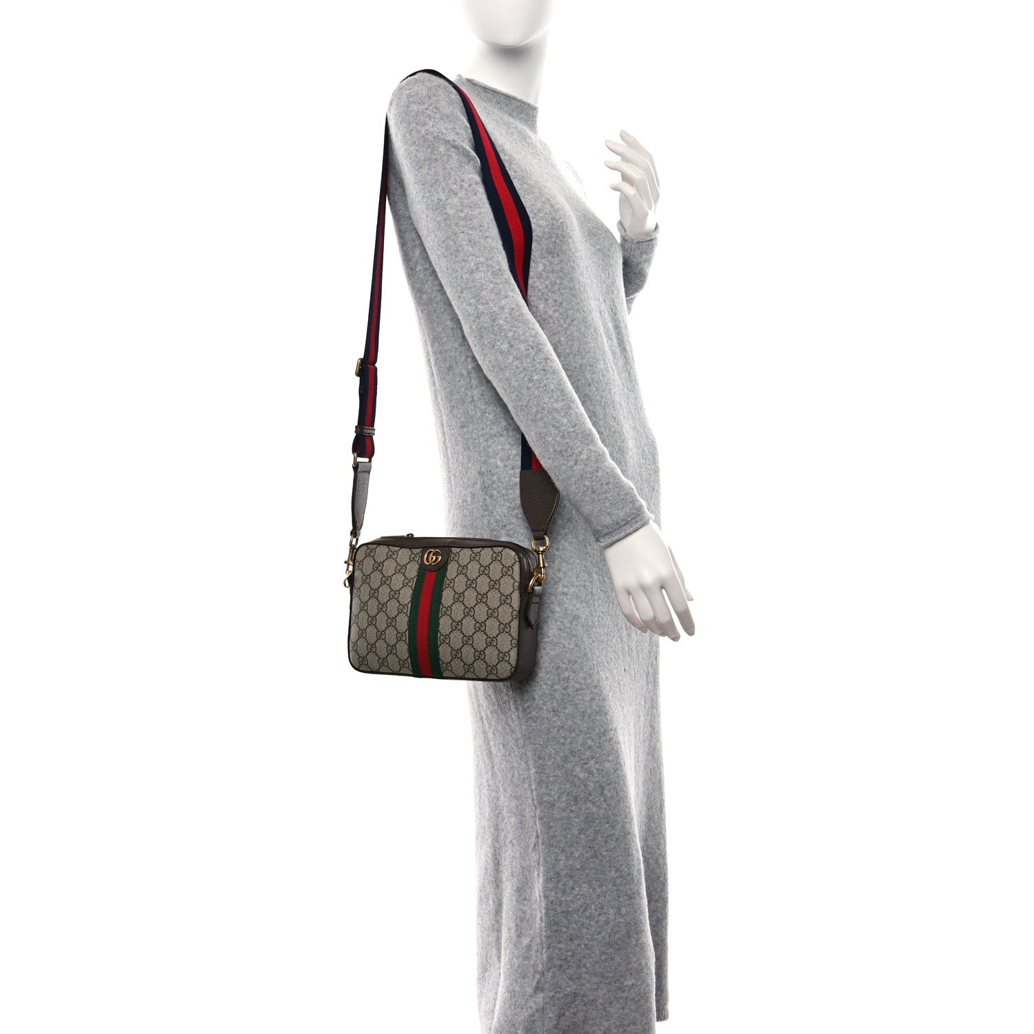 Gucci GG Supreme Monogram Textured Dollar Calfskin Web Ophidia Wristlet Shoulder Bag Beige Ebony New Acero 2 of 8