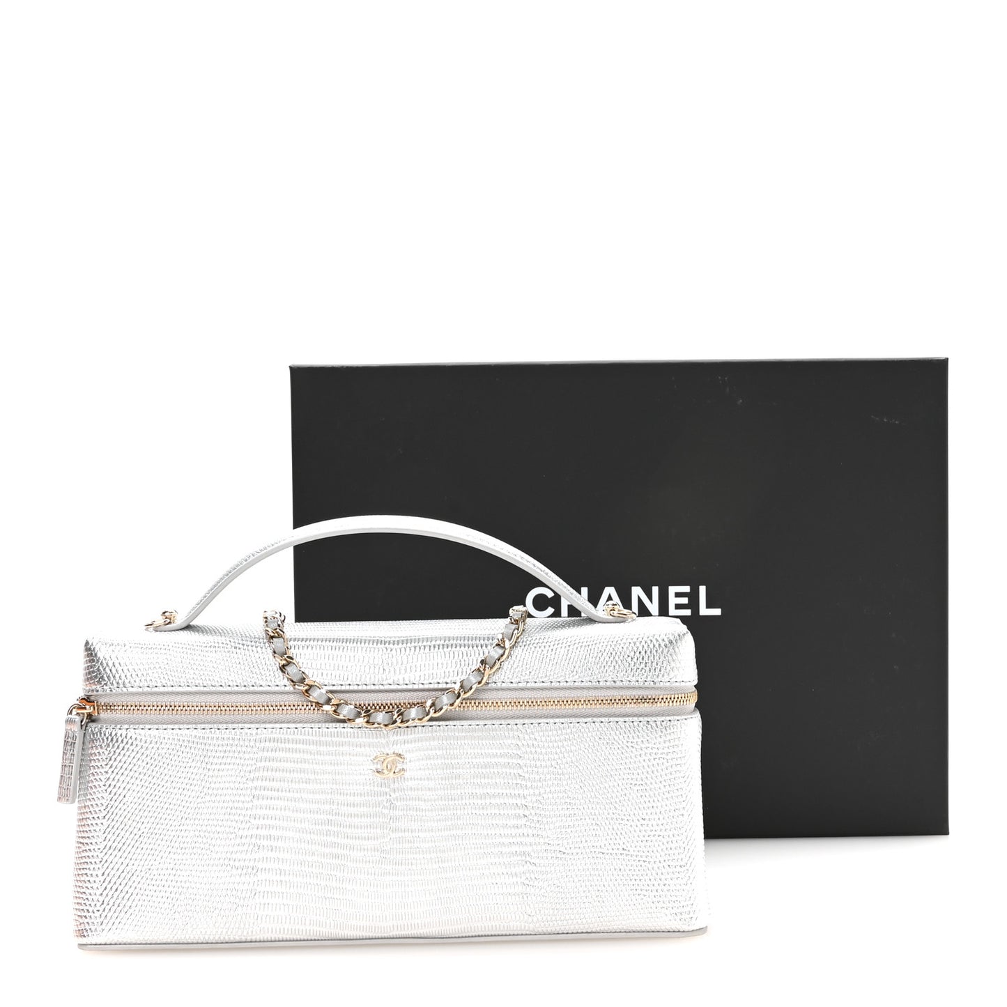 Lizard Embossed Calfskin Top Handle Slim Vanity With Chain Silvery