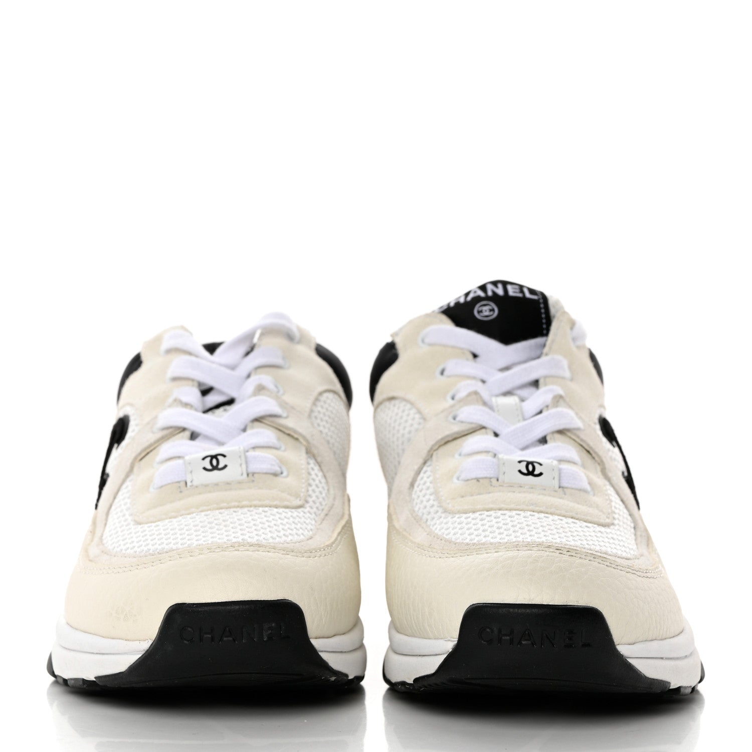 Chanel Mesh Suede Calfskin Grained Calfskin Womens CC Sneakers 38 White Black 2 of 8
