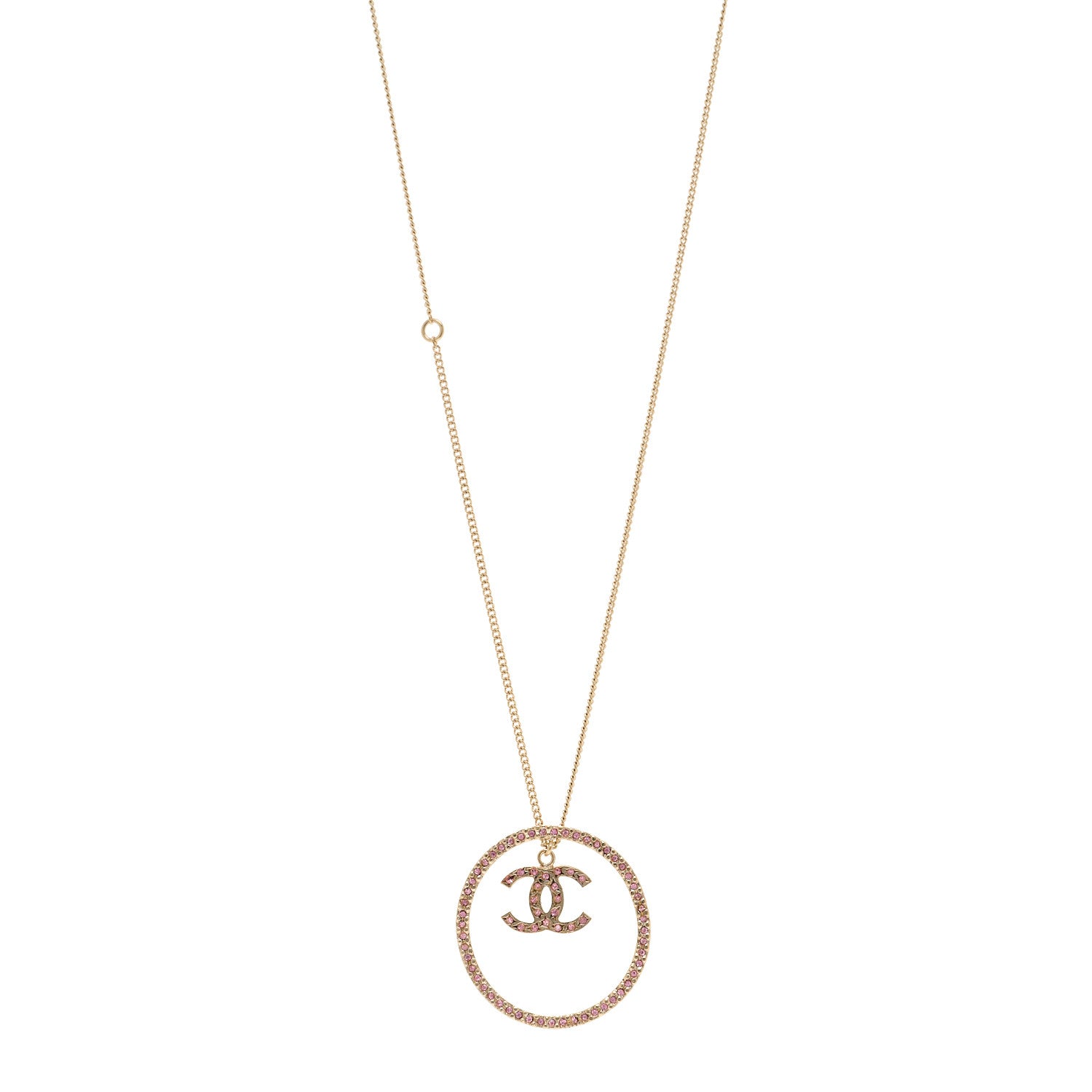 Chanel Crystal CC Long Pendant Necklace Gold Pink 1 of 5