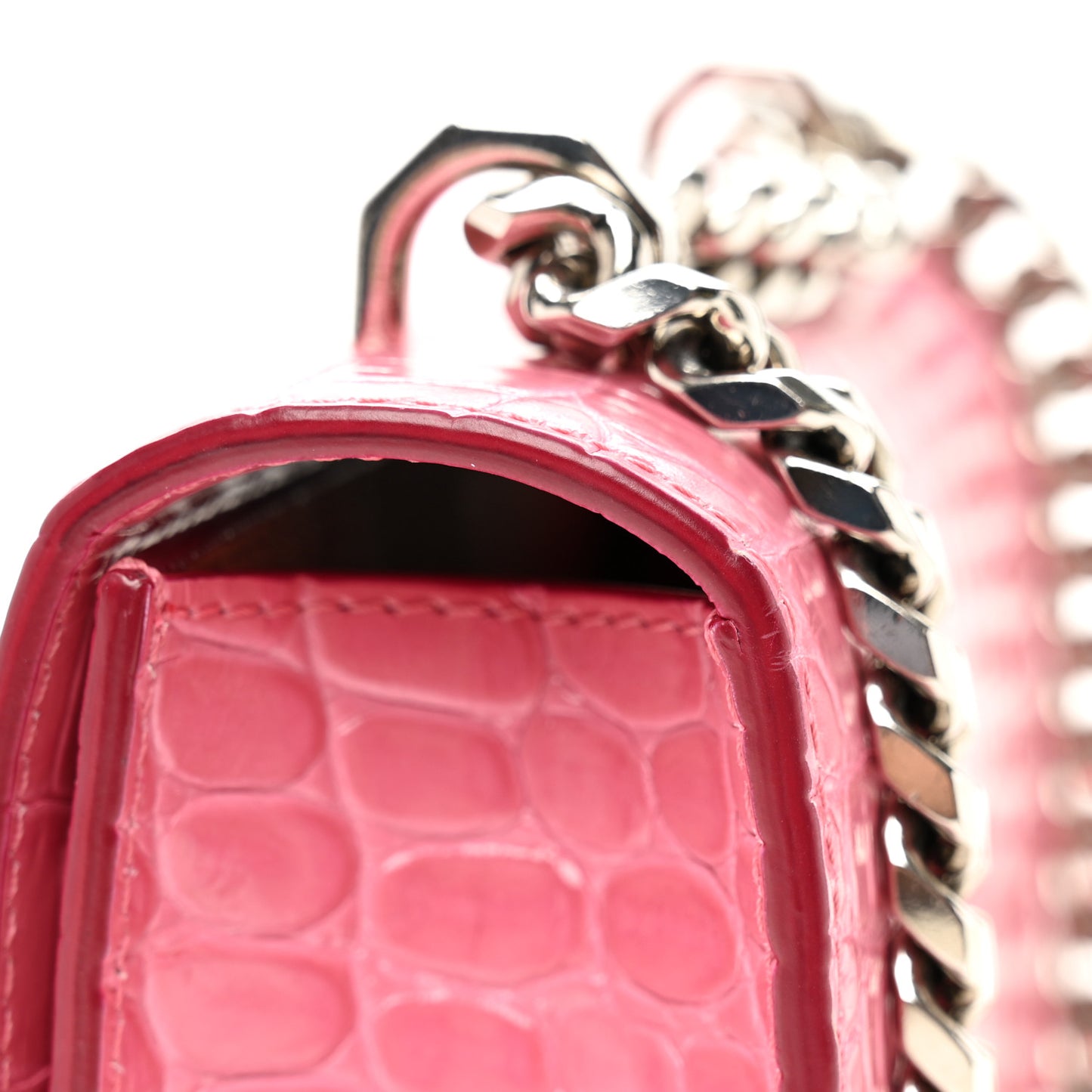 Calfskin Crocodile Embossed Mini Jeweled Knuckle Satchel Pink