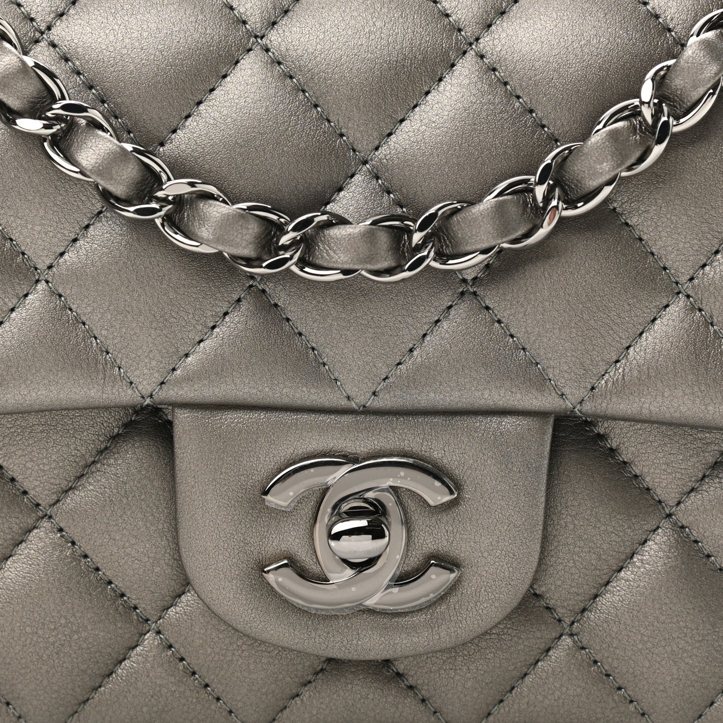 Metallic Lambskin Quilted Mini Rectangular Flap Dark Grey
