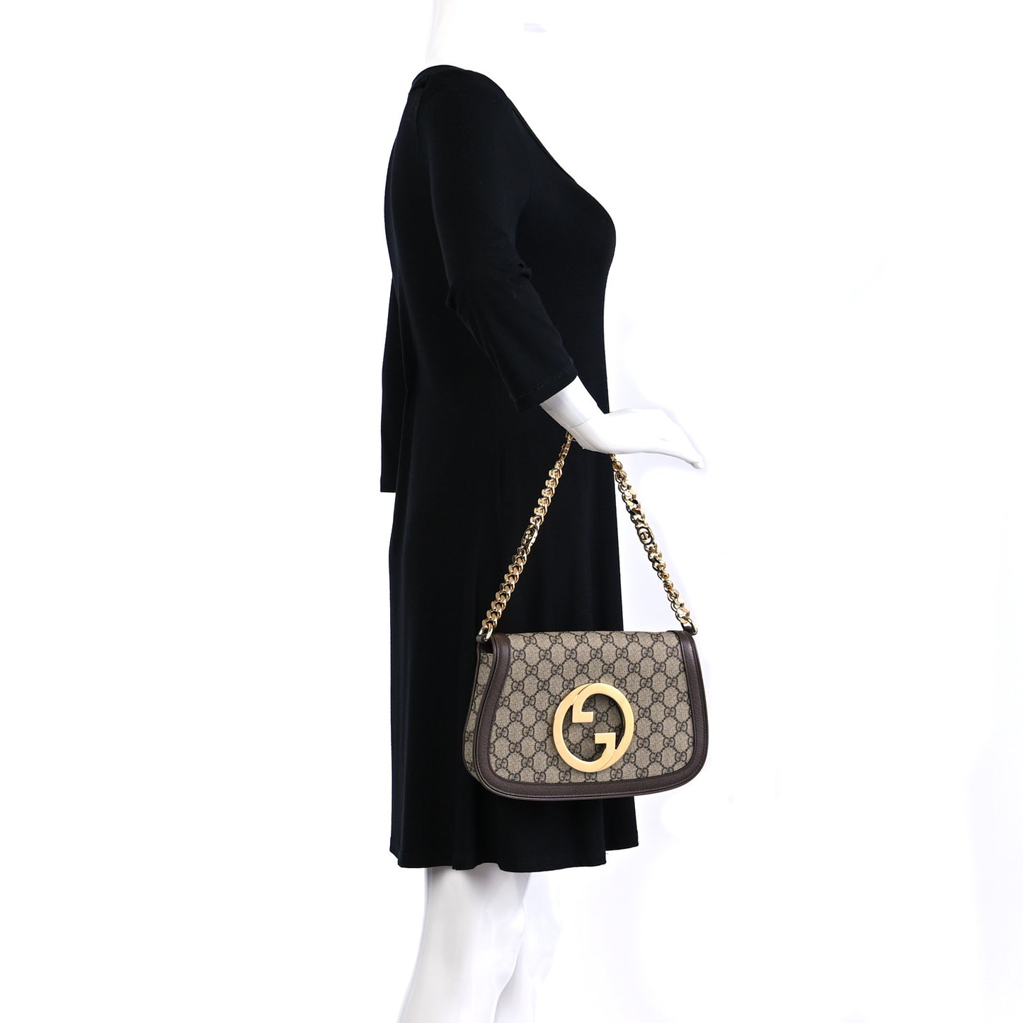 GG Supreme Monogram Textured Dollar Calfskin Blondie Chain Shoulder Flap Bag Beige Ebony New Acero