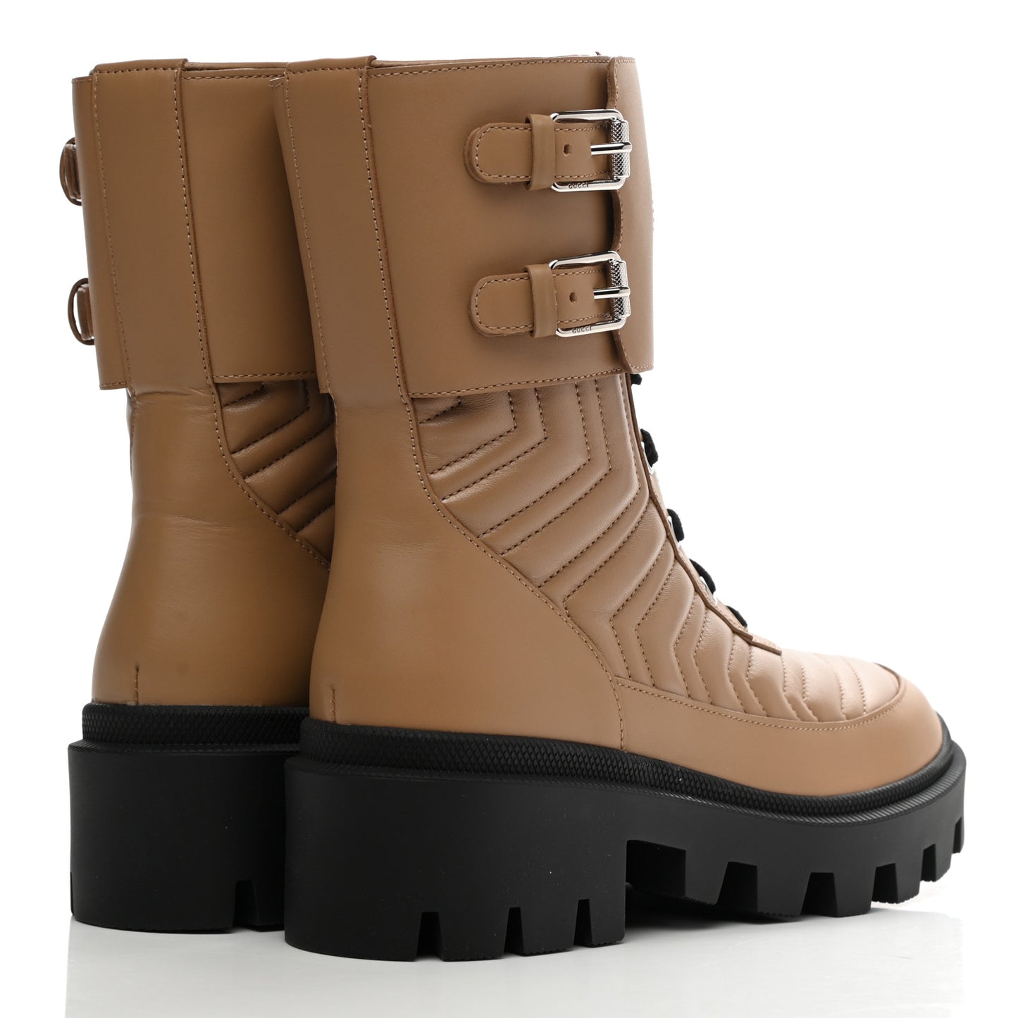 Nappa Frances GG Matelasse Platform Combat Boots 36 Natural Tan