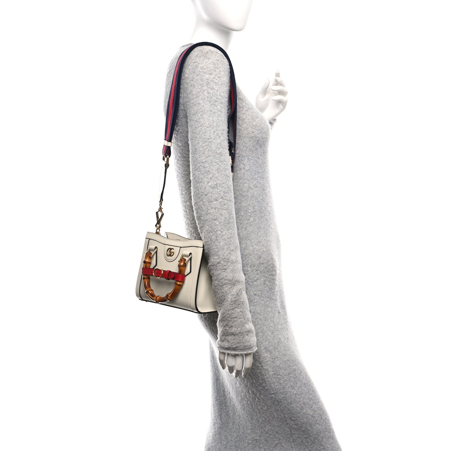 Textured Dollar Calfskin Web Mini Diana Tote Bag Mystic White