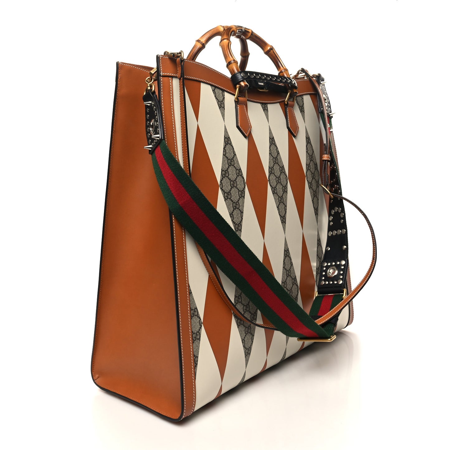 GG Supreme Monogram Boarded Dyana Calfskin Rhombus Print Studded Maxi Diana Tote Bag Beige Ebony Mystic White Hazel Brown Black