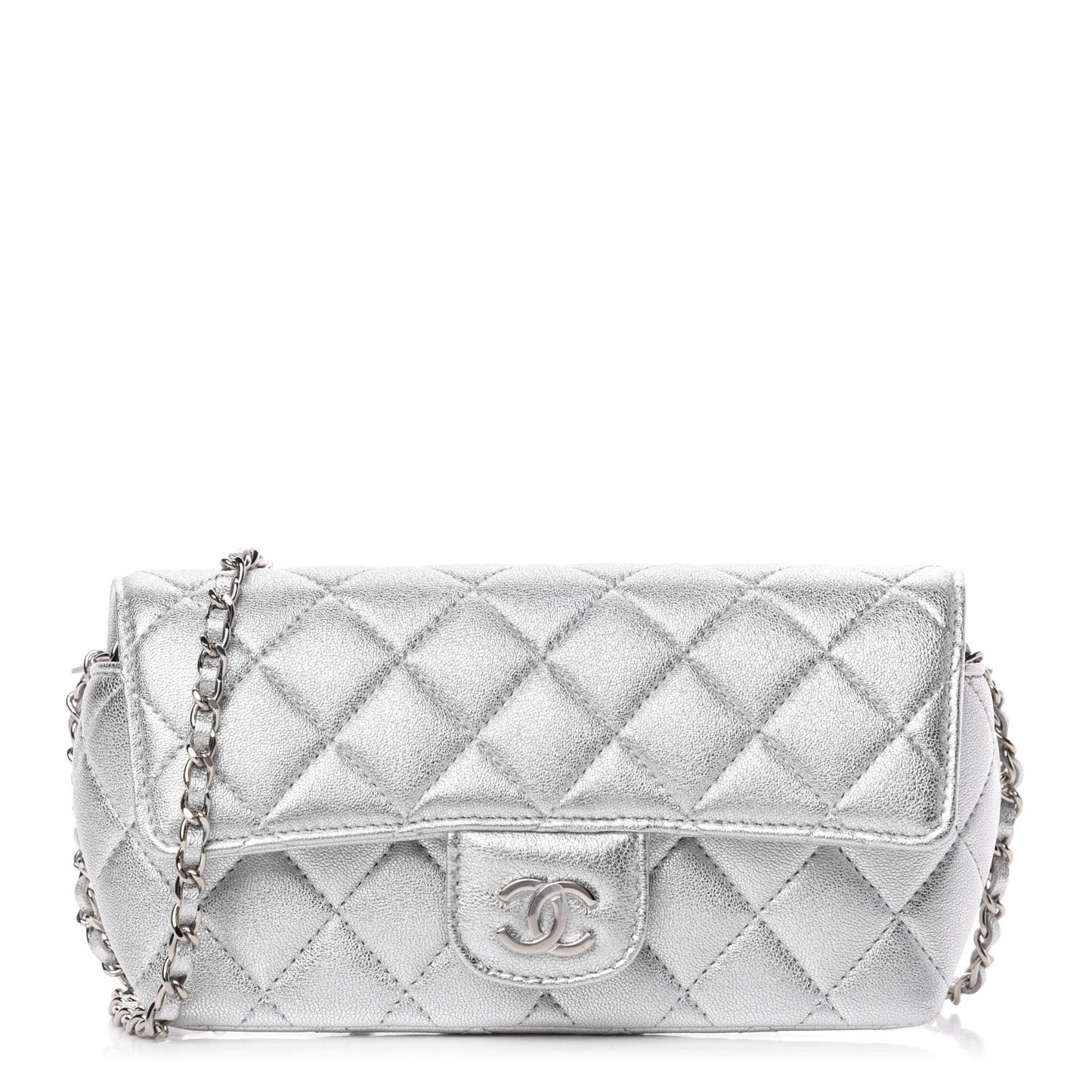 Metallic Lambskin Quilted Glasses Case With Chain Silver