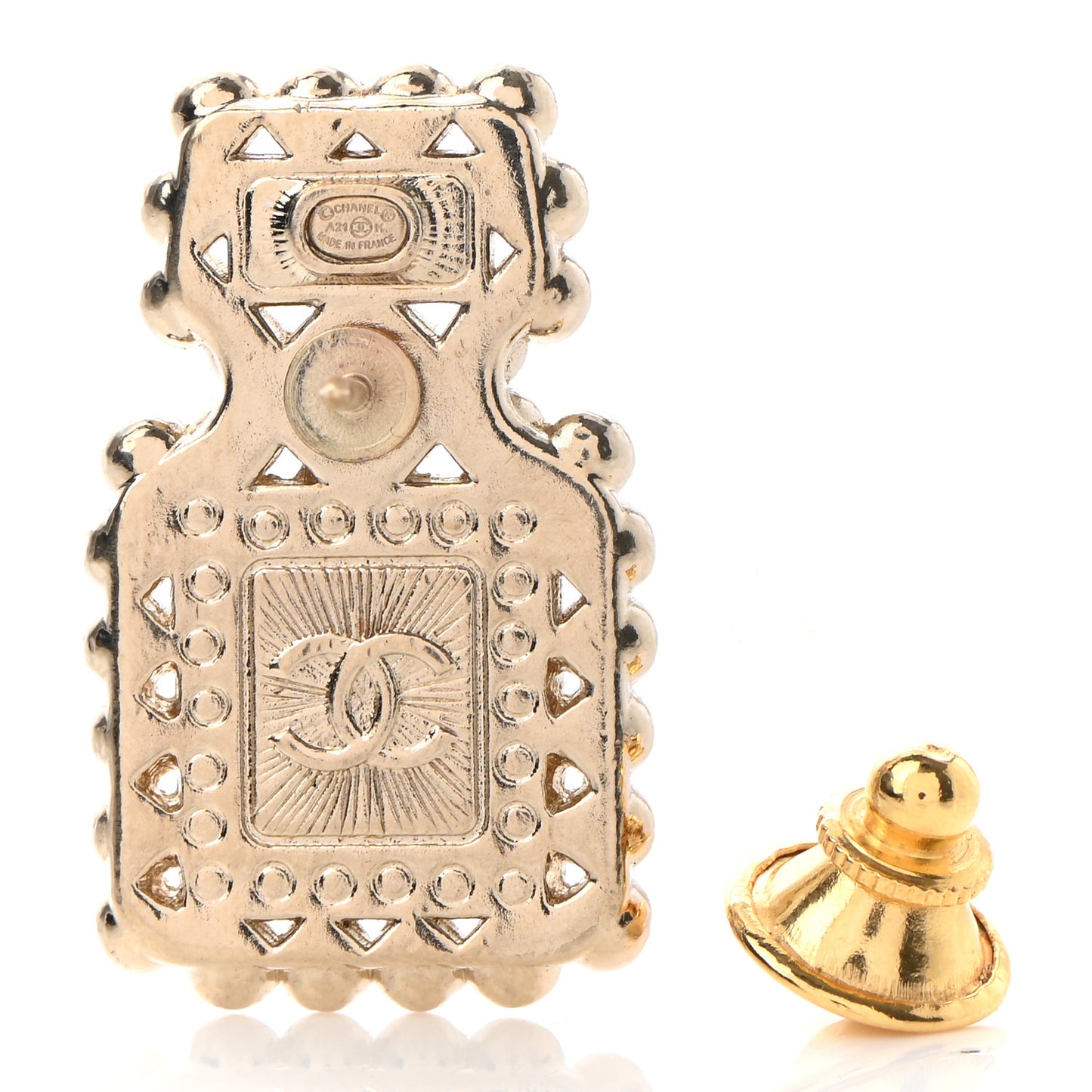 Resin Crystal Pearl Perfume Bottle CC Brooch White Gold