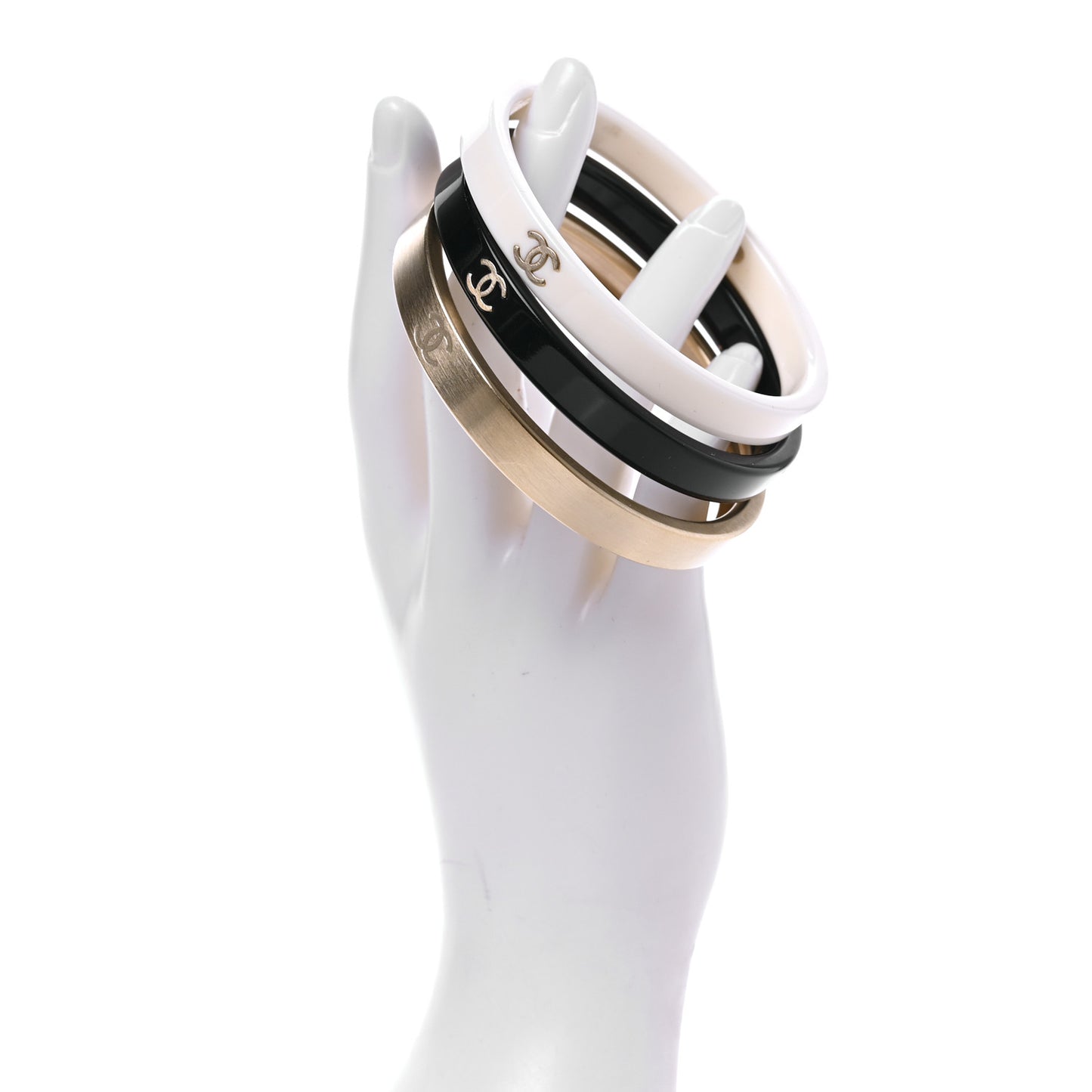 Resin Metal CC Bangle Set of 3 Black White Gold
