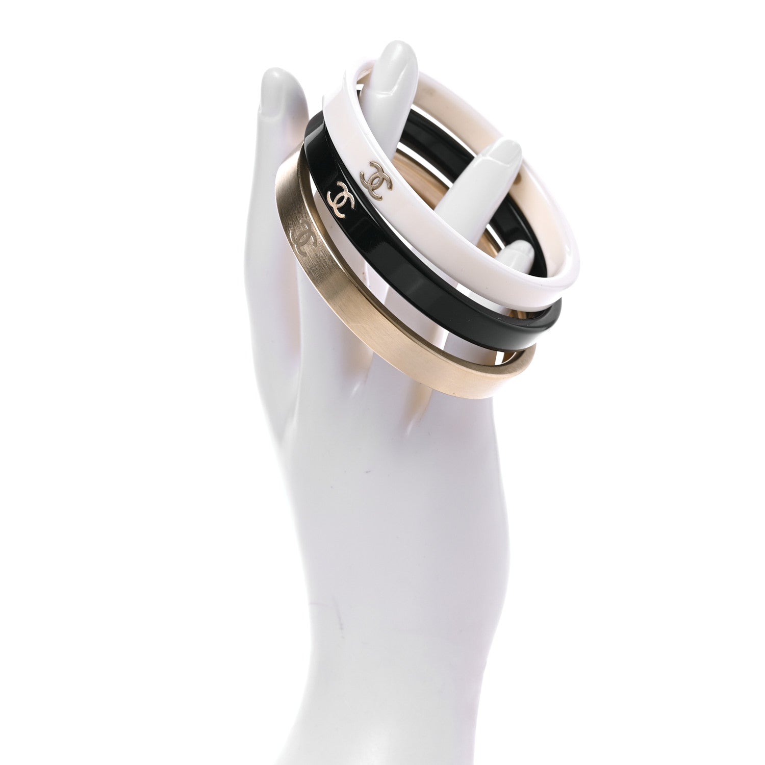 Chanel Resin Metal CC Bangle Set of 3 Black White Gold 2 of 5