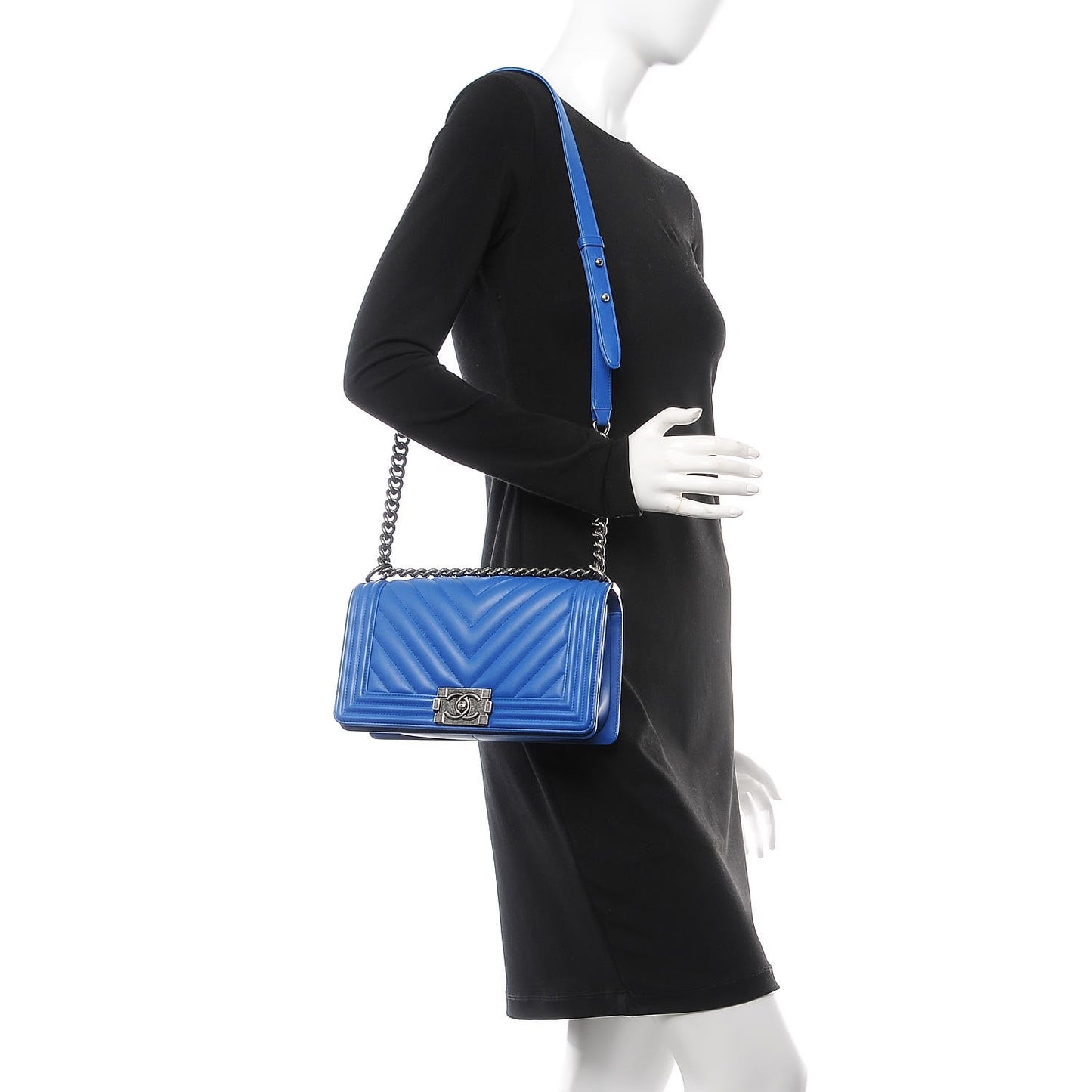 Calfskin Chevron Quilted Medium Boy Flap Bright Blue