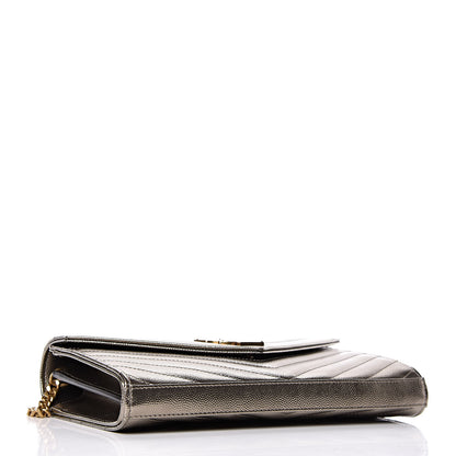 Saint Laurent Iridescent Grain De Poudre Matelasse Chevron Monogram Chain Wallet Gold 4 of 9