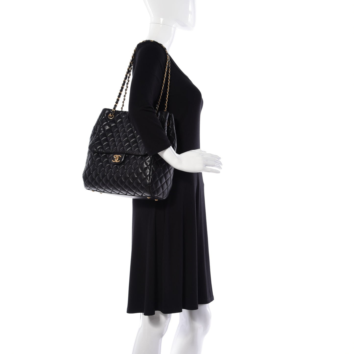 Lambskin Quilted Large Fluffy CC Shopping Tote Black
