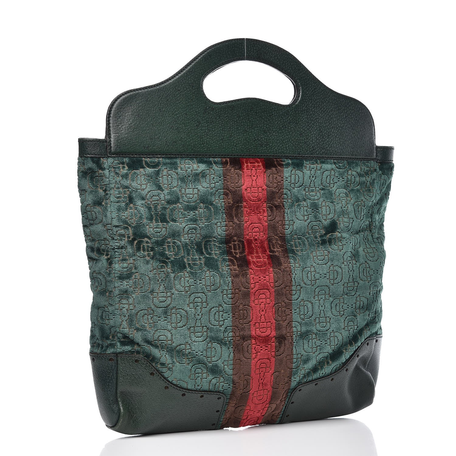 Gucci Velvet Horsebit Embossed Large Punch Top Handle Tote Green 3 of 12