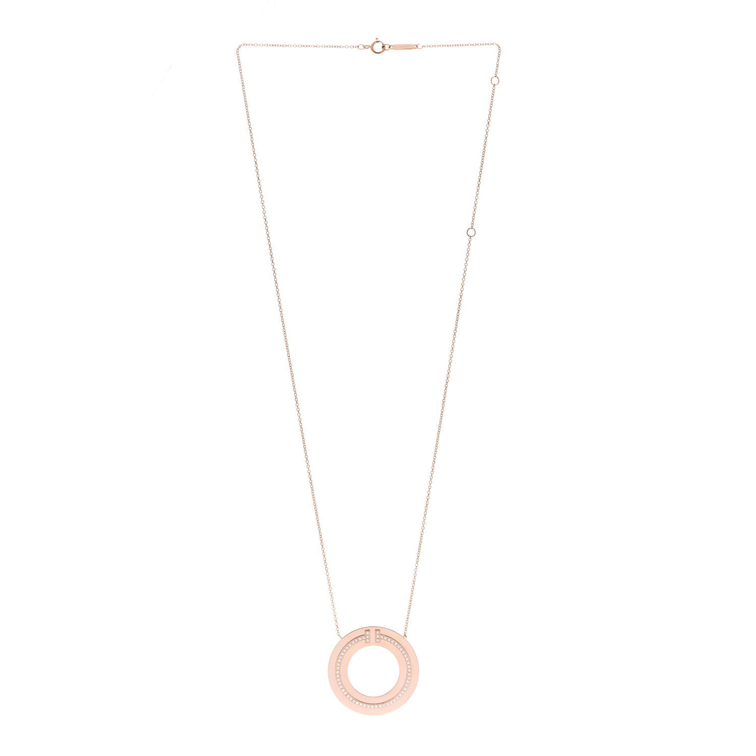 Tiffany 18K Rose Gold Diamond T Circle Pendant Necklace 3 of 7