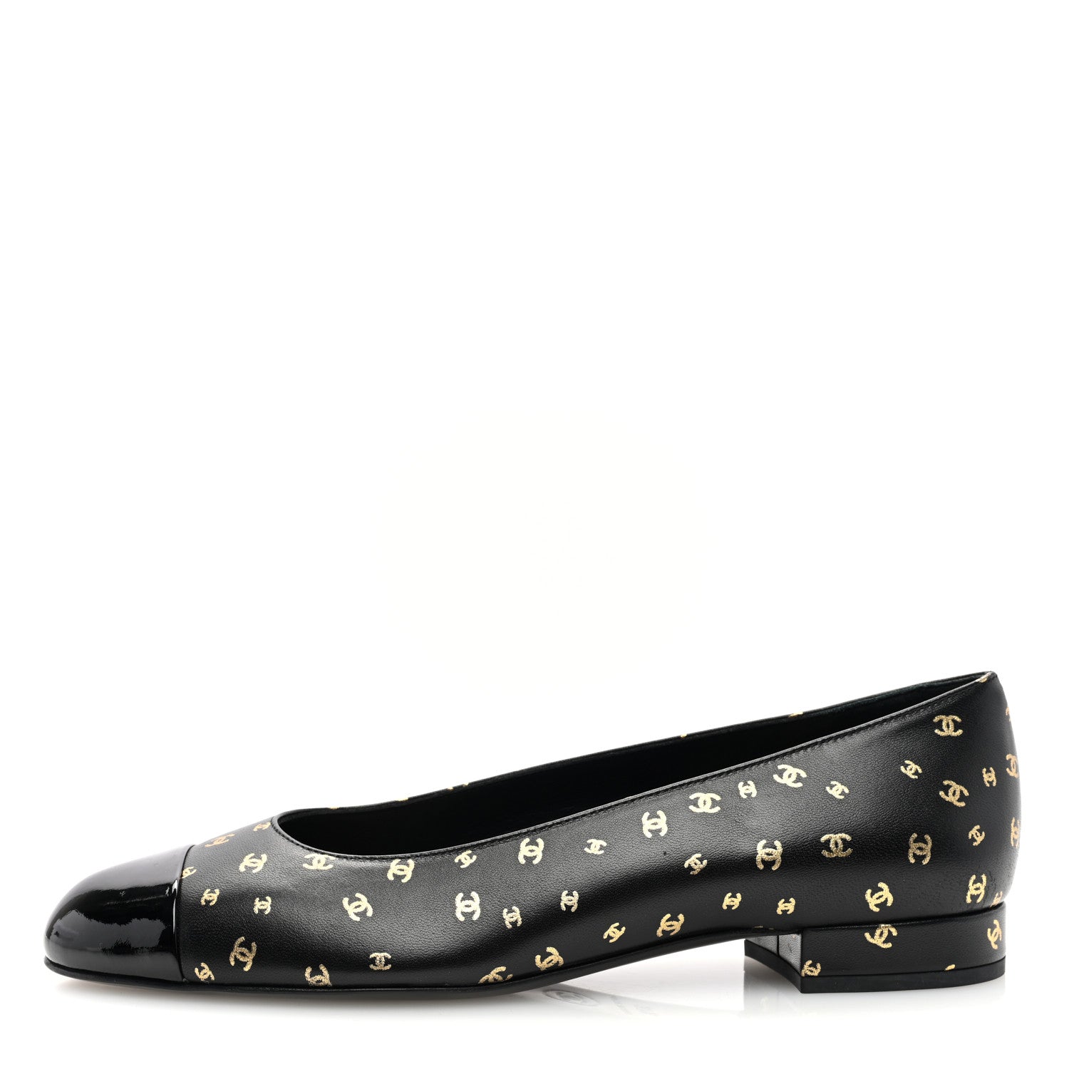 Chanel Lambskin Patent Calfskin Printed CC Cap Toe Ballerina Flats 37.5 Black Gold 1 of 9