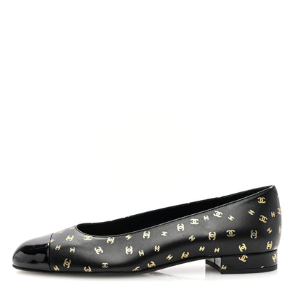 Chanel Lambskin Patent Calfskin Printed CC Cap Toe Ballerina Flats 37.5 Black Gold 1 of 9