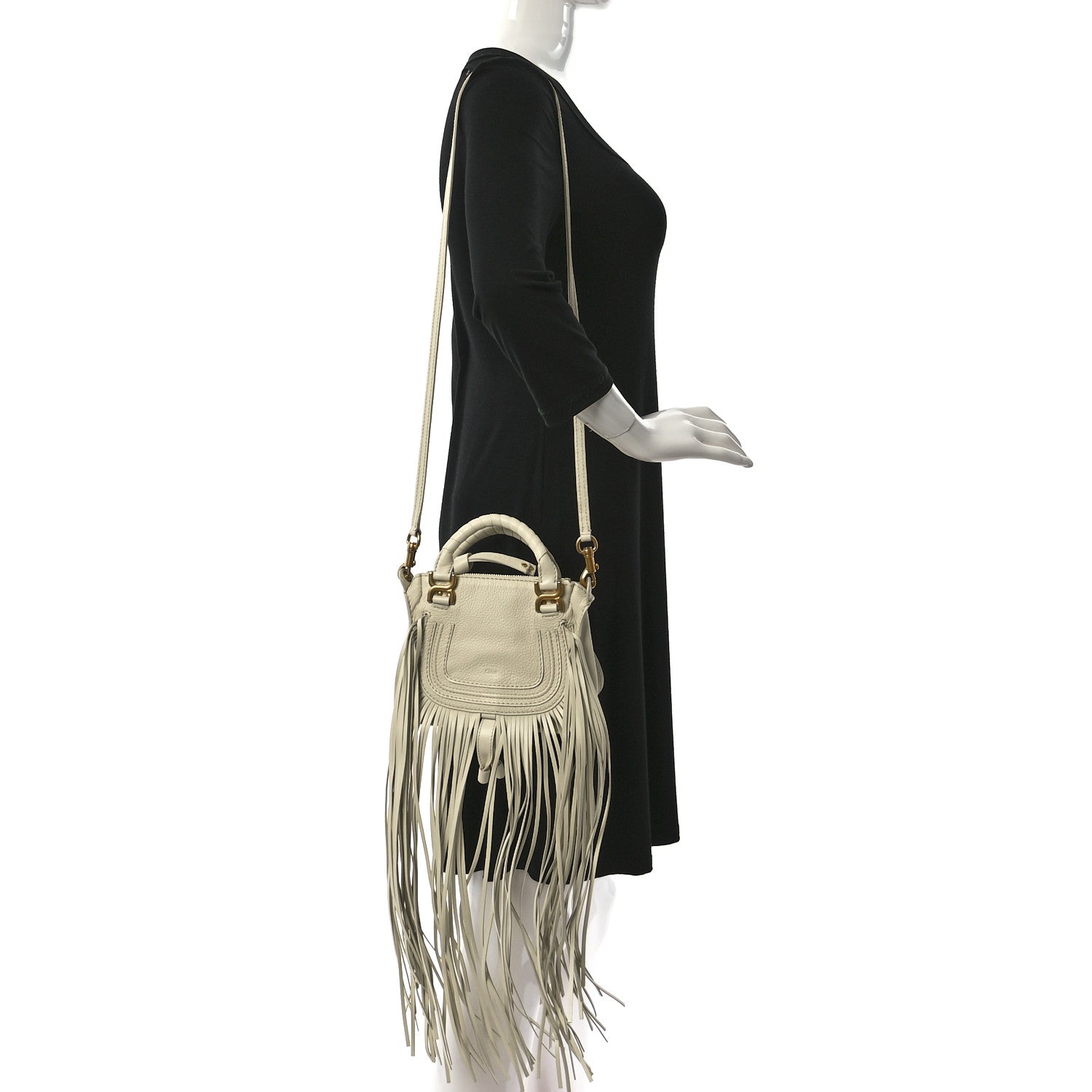 Chloe Grain Calfskin Mini Marcie Multi Fringe Satchel Natural White 2 of 13