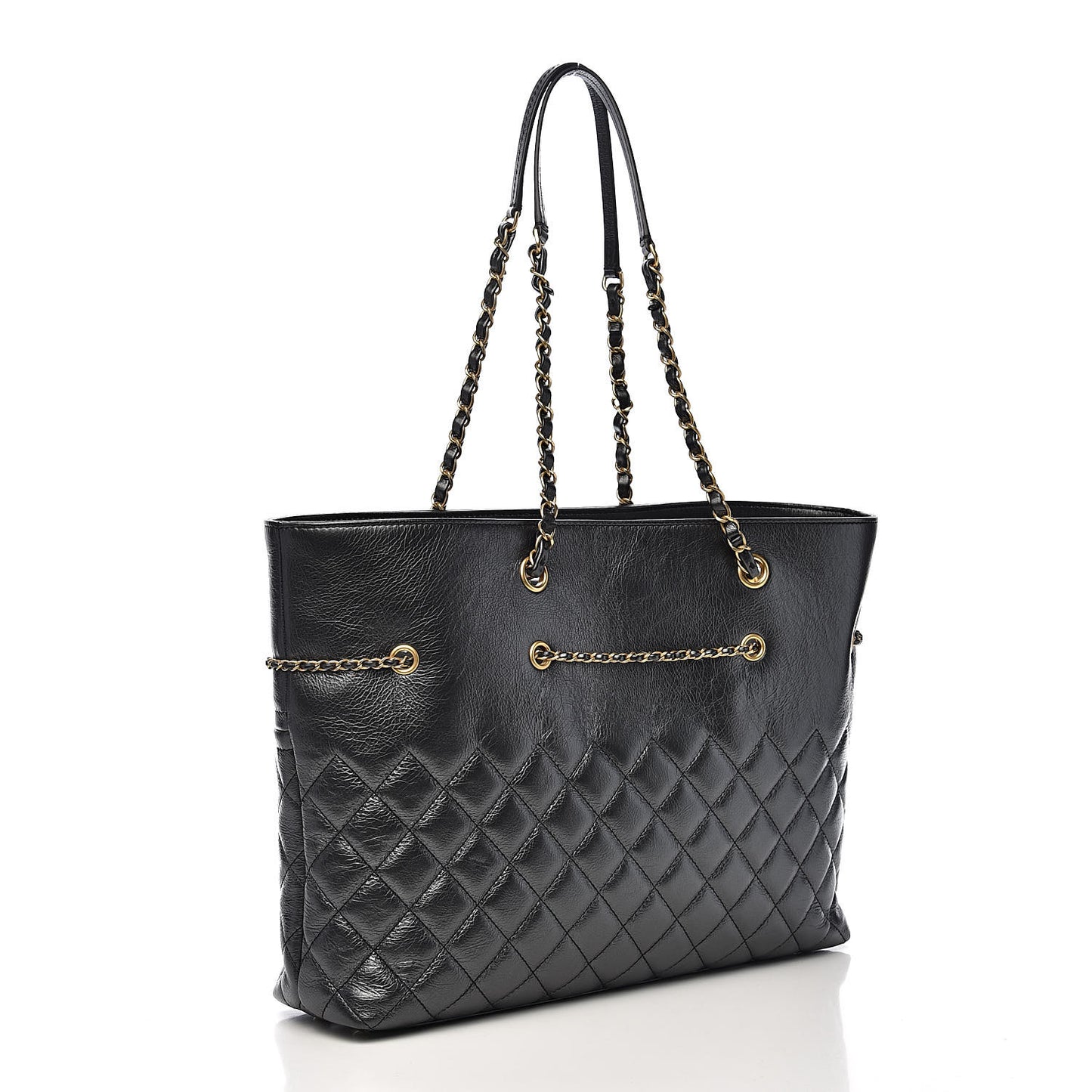 Aged Calfskin Quilted Drawstring Shopping Tote Black