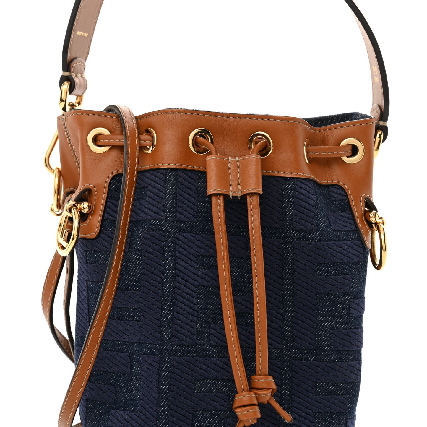 Denim Vitello King F is Fendi FF Embroidered Mini Mon Tresor Bucket Bag Blue Cuoio