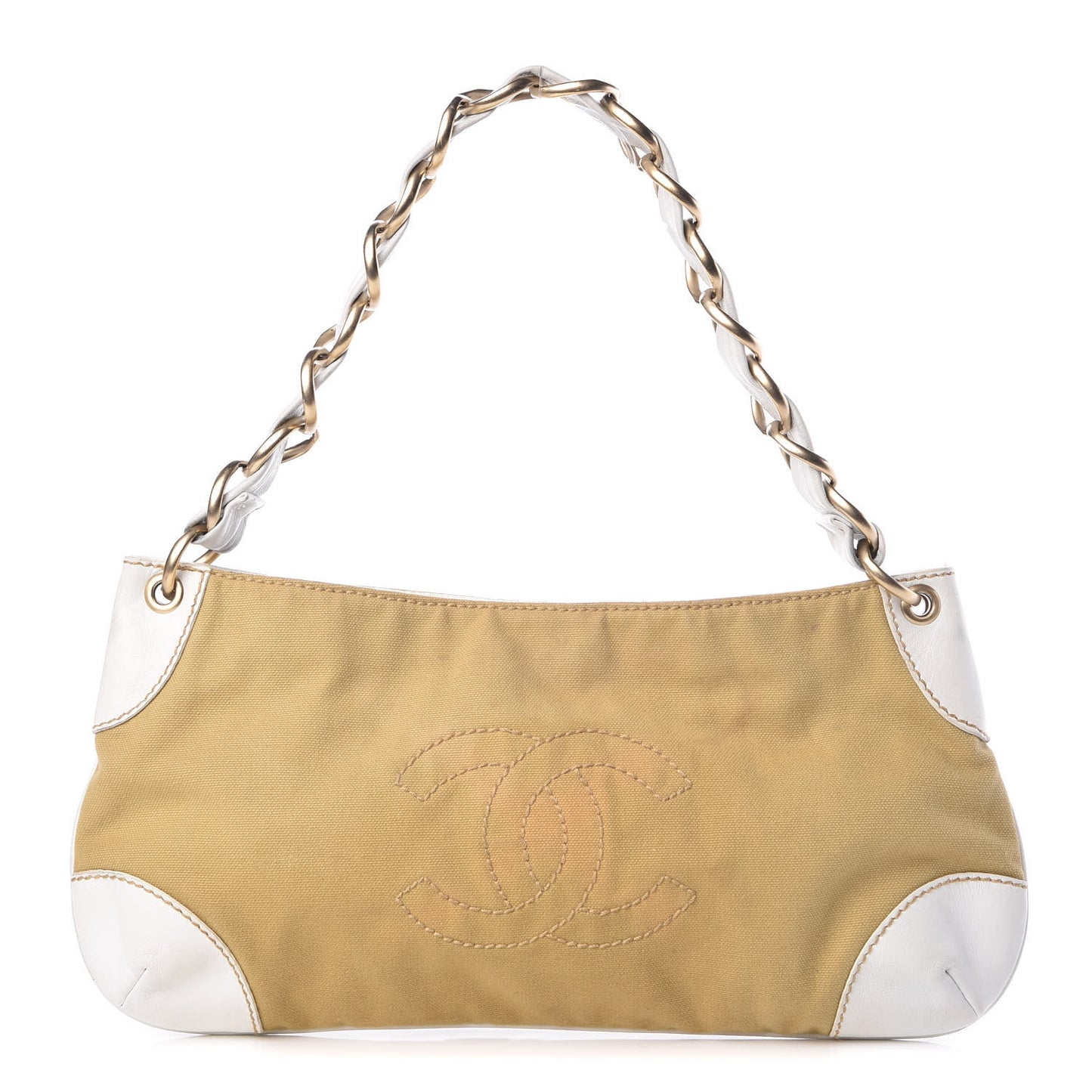 Lambskin Canvas CC Olsen Chain Small Shoulder Bag White Brown