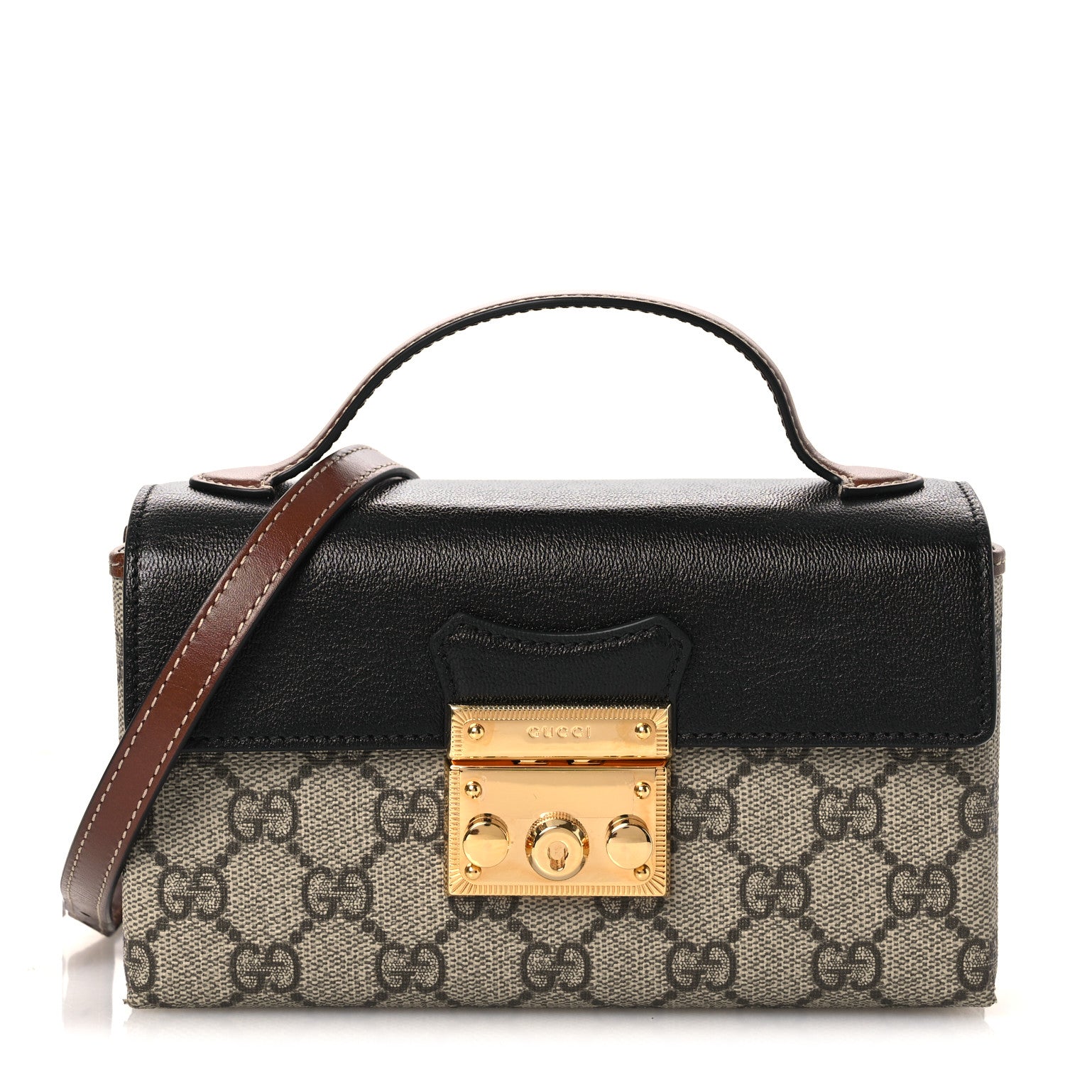Gucci GG Supreme Monogram Calfskin Mini Padlock Top Handle Shoulder Bag Beige Black Cuir 1 of 13