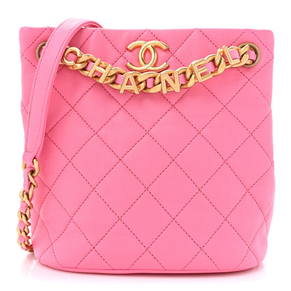 Chanel Lambskin Quilted Chaine Lettre Small Bucket Bag Pink 1 of 11
