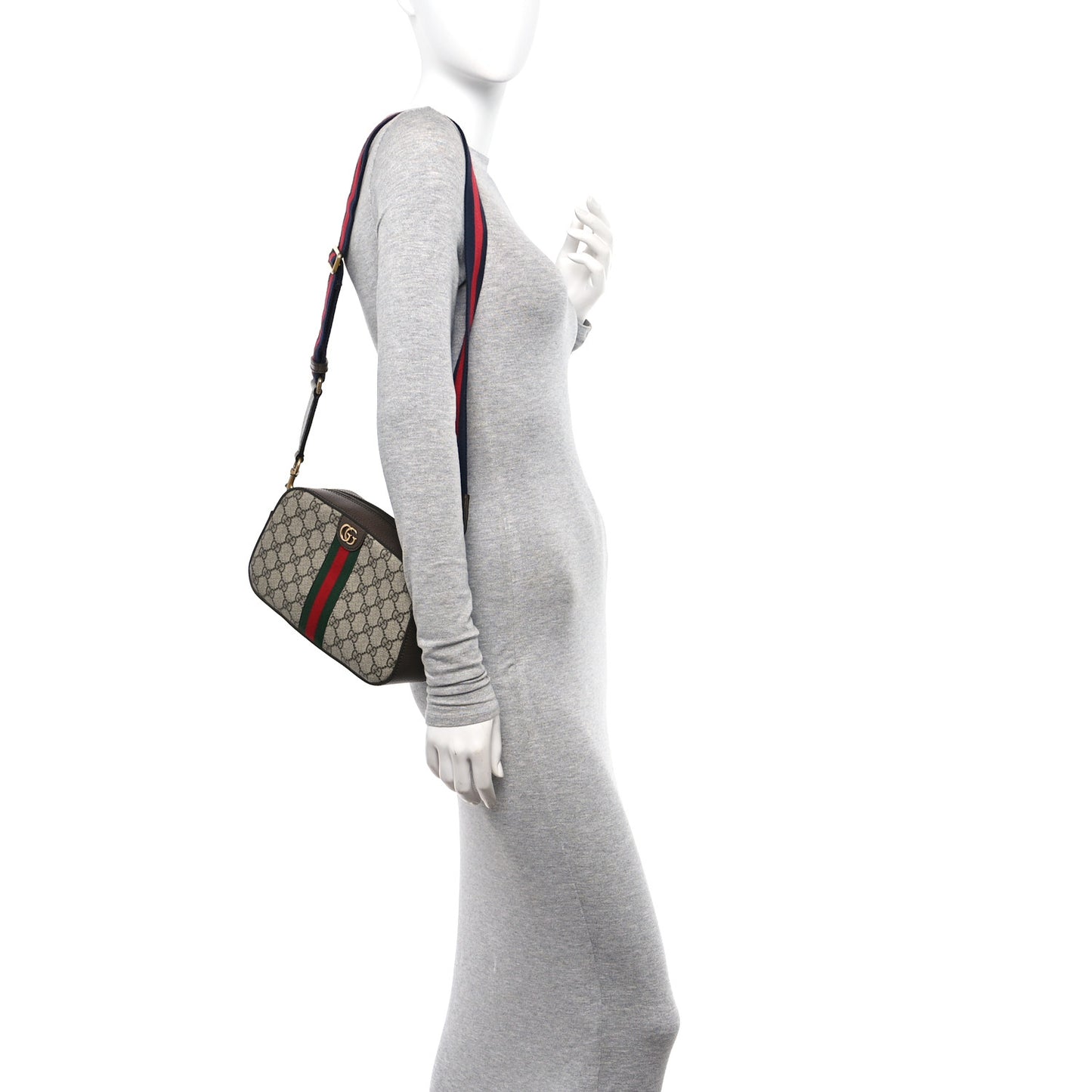 GG Supreme Monogram Textured Dollar Calfskin Web Ophidia Wristlet Shoulder Bag Beige Ebony New Acero