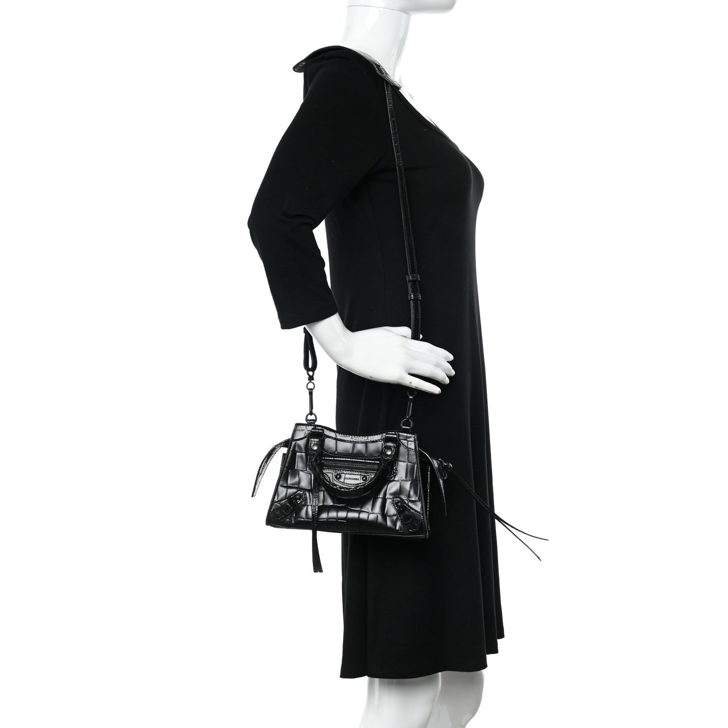 Semi Shiny Calfskin Crocodile Embossed Neo Classic Black Hardware Mini City Black