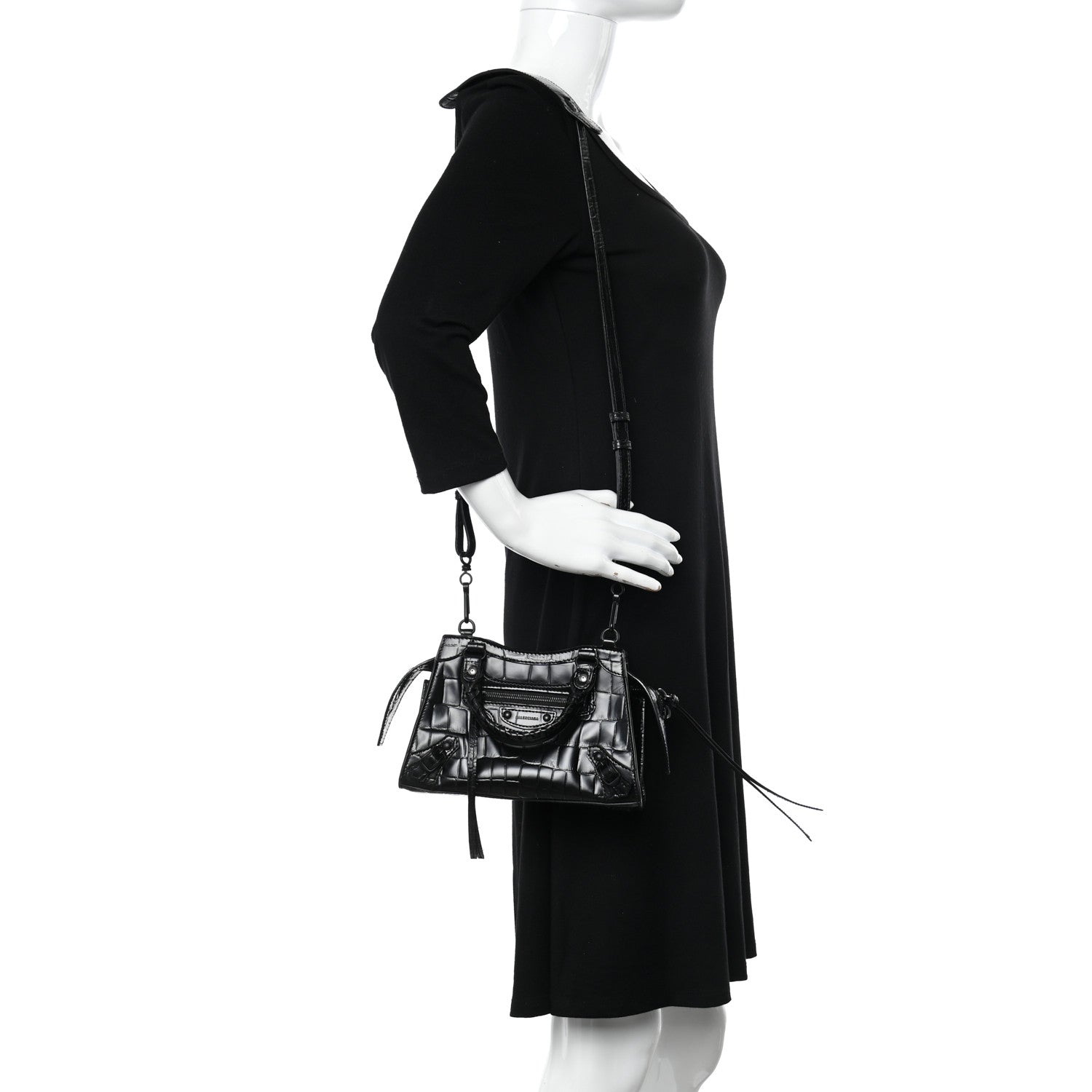 Balenciaga Semi Shiny Calfskin Crocodile Embossed Neo Classic Black Hardware Mini City Black 2 of 14