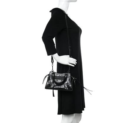 Balenciaga Semi Shiny Calfskin Crocodile Embossed Neo Classic Black Hardware Mini City Black 2 of 14