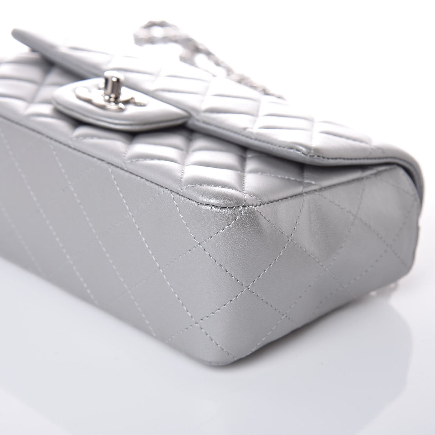 Metallic Lambskin Quilted Mini Rectangular Flap Silver