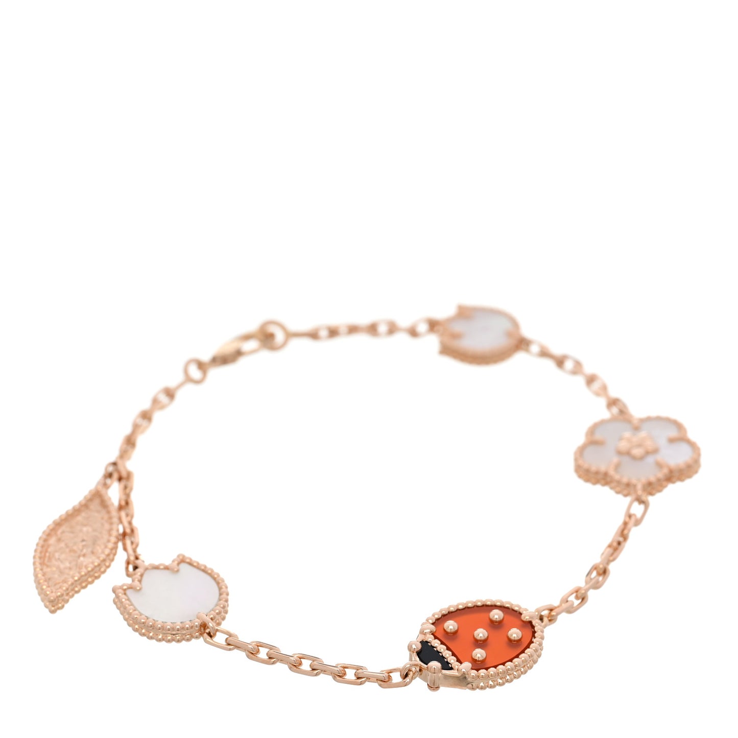 18K Rose Gold Carnelian Mother of Pearl Onyx 5 Motifs Lucky Spring Bracelet