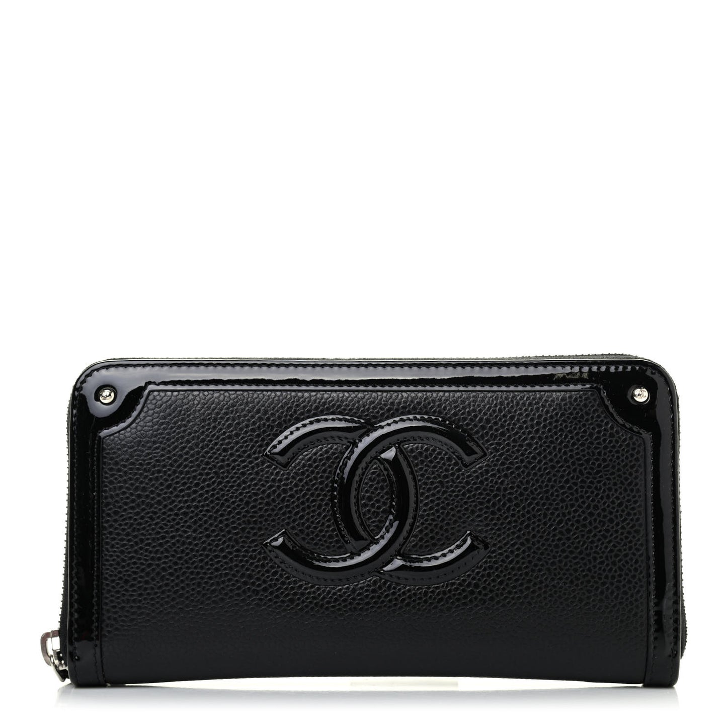 Caviar Patent Small CC Contour Zip Around Wallet Black